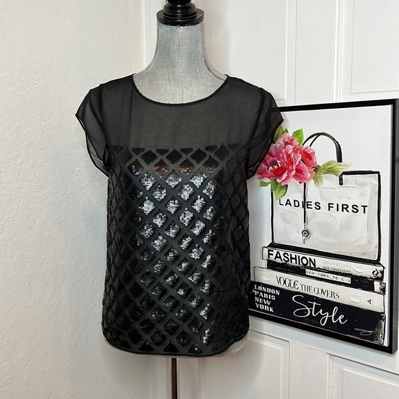 All Saints Lattice Sheer Black Sequins Top Size 4US - Picture 1 of 8